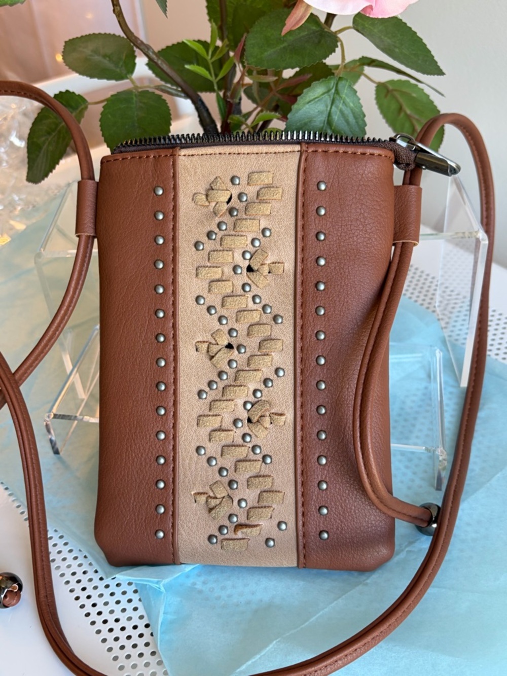 Brown Stud-Accent Crossbody Bag